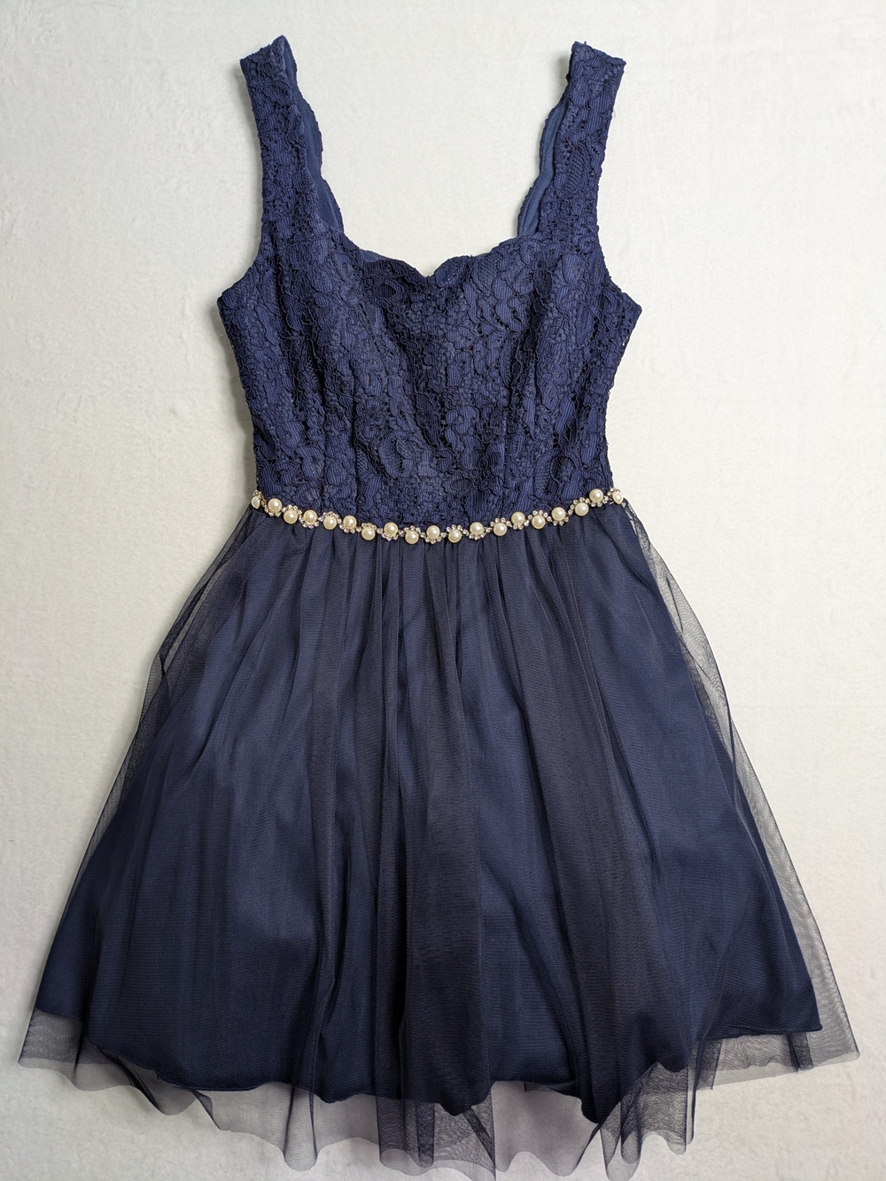 Jodi Kristopher Navy Lace & Tulle Mini Dress with Pearl Waistband